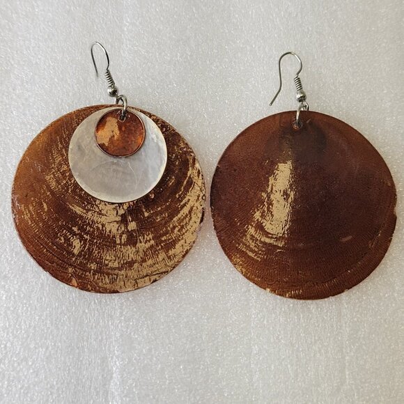 Shell Discs Metallic Copper Color Earrings Dangle Beach Boho Tribal Tropical - Picture 4 of 11